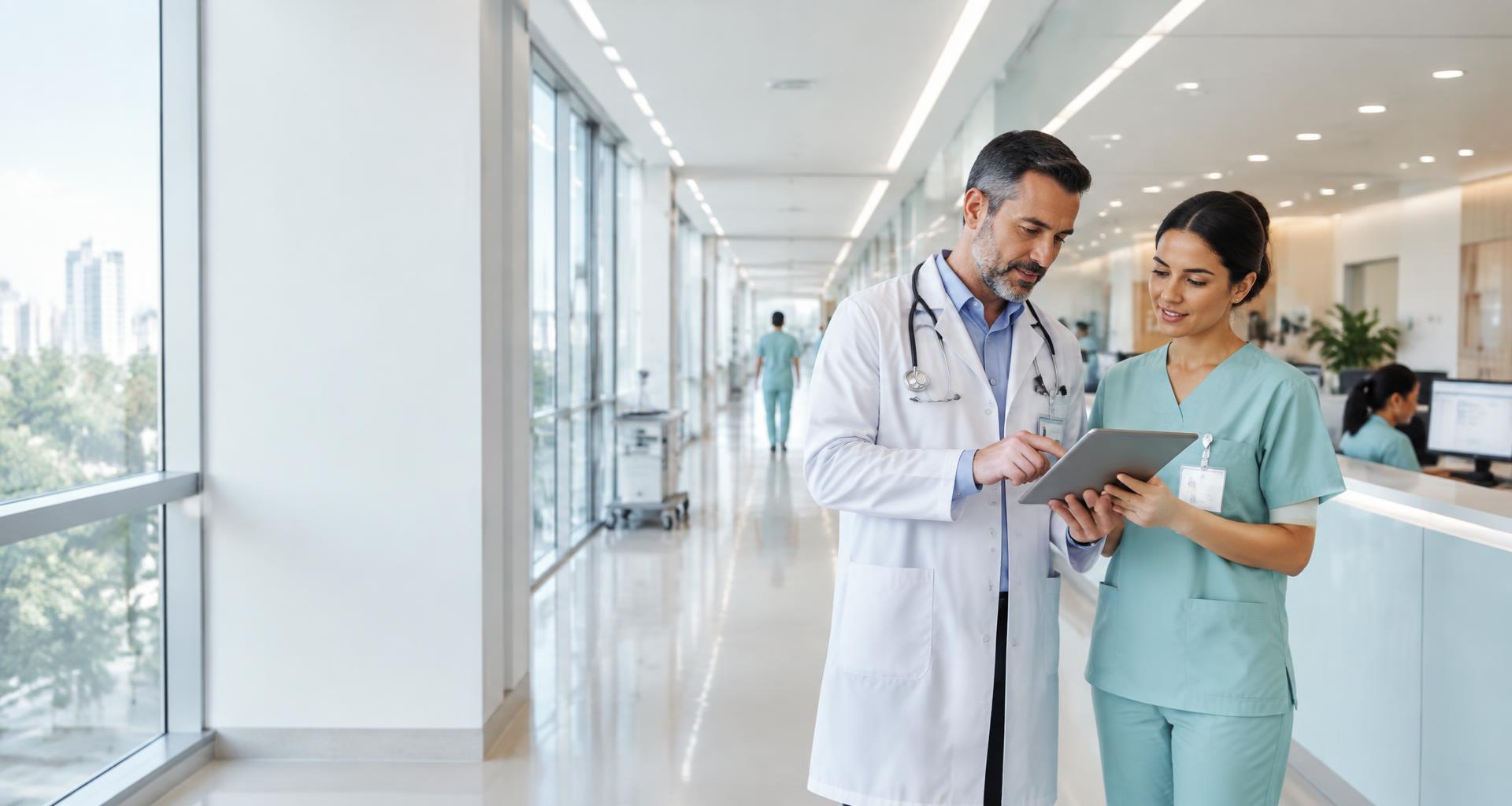 Médico e enfermeira colaborando em um ambiente hospitalar